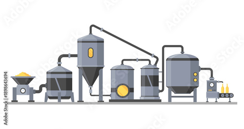 Brewery. Vintage brewing machine concept with tubes and copper tanks. Beer making process equipment, machinery symbol suitable for game asset, infographic or book print. Isolated vector illustration