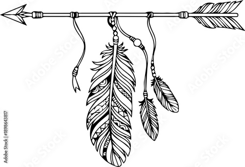 Boho arrow with feathers, a native American symbol of strength and direction, perfect for tribal designs, spiritual themes, and artistic projects, originally vector