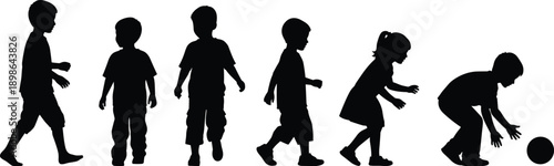 Children silhouettes showing walking, standing and playing sequence, child development stages and playful movement concept, kids activity set isolated on white background illustration