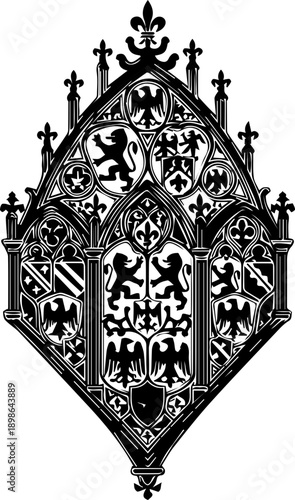 Elegant heraldic emblem featuring lions and eagles, ideal for vintage designs, medieval themes, and family crests, originally a scalable vector graphic