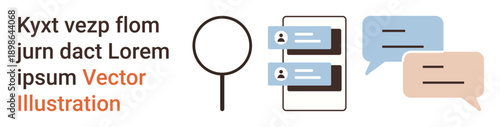 Communication tools, online search, social networking, information sharing, messaging platforms, dialogue exchange. Magnifying glass, chat bubbles and phone messages. Communication tools and online