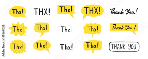 THX speech bubble yellow bright set. Thank you hand drawn quote text. Doodle thx phrase.