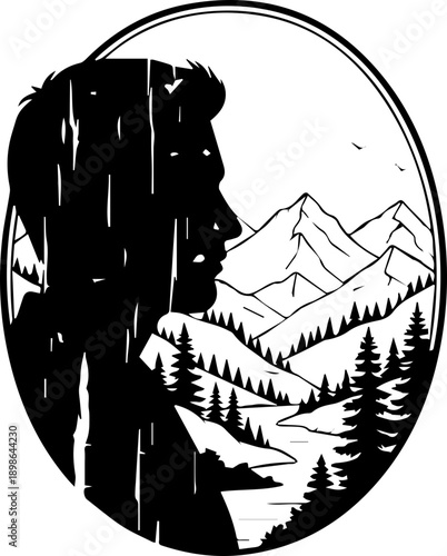 Adventurous man contemplates majestic mountain vista with pine forest and winding river, evoking wanderlust and exploration.