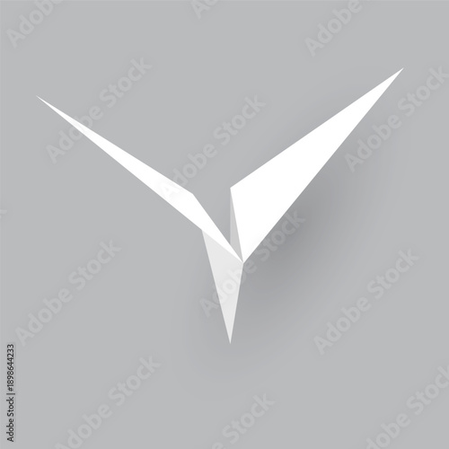Paper plane model. Origami handmade aircraft view. Vector white paper airplane with shadow, isolated on gray background