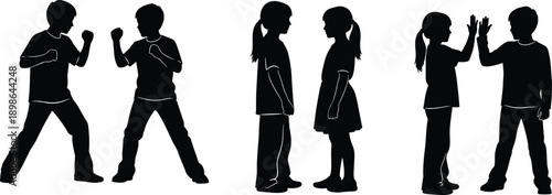 Children interaction silhouette set showing fighting, talking, and friendship gestures, kids social behavior, conflict and harmony concept isolated on white background