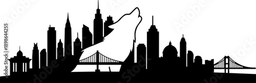 Dynamic wolf silhouette howls over iconic city skyline, symbolizing urban spirit and wild freedom in a powerful graphic.