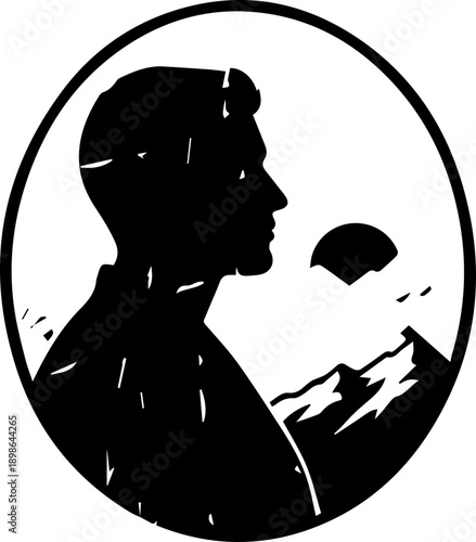 Silhouette of a determined man gazing at a majestic mountain sunrise, embodying ambition and adventure