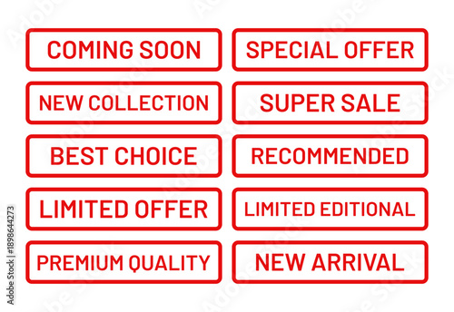 New arrival stamp imprint. Sale label in border. Red sold out emblem in frame. Marketing retail badge. Set rectangle best price stickers. Text box with buy tags. Sale product mark. Vector illustration
