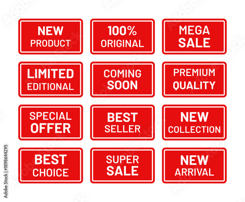 Marketing retail badges set. Rectangle best price stickers. Sale stamp imprint. Red sold out emblem in frame. New arrival label in border. Text box with buy tags. Sale product mark. Vector illustratio