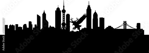 Majestic eagle with antlers soaring over a dynamic city skyline silhouette, symbolizing freedom and urban growth