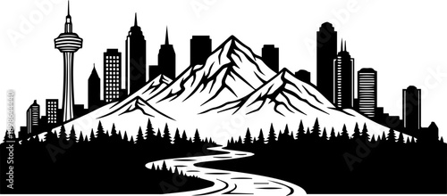 Stunning urban skyline merges with majestic mountains and winding river creating a dynamic landscape for modern adventure and city living concepts