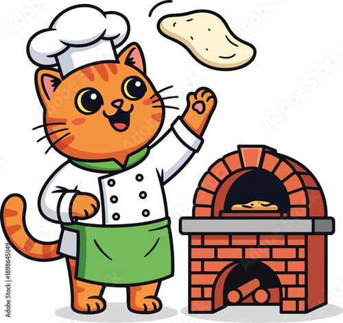 Cute cartoon orange cat chef tossing pizza dough near brick oven, adorable cooking animal illustration for kids, mascot, restaurant, bakery, or pizzeria design