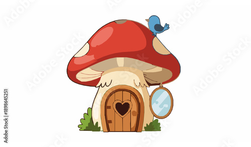 Whimsical mushroom house cartoon vector with heart door and blue bird fairy tale style