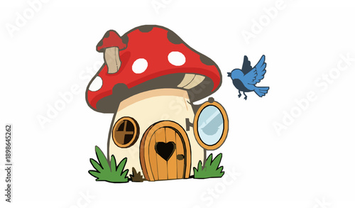Cute fantasy mushroom house character vector with heart door and smiling mirror