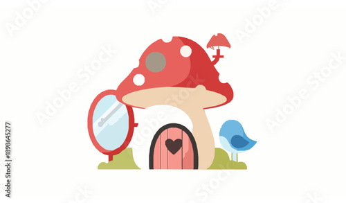Minimal fairy tale mushroom house vector with heart door and blue bird for kids