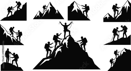 Mountain climbing teamwork silhouette set showing hikers helping each other reach summit, leadership, success, challenge, adventure concept isolated on white background