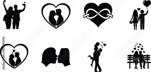 Romantic love couple silhouette icon set with heart symbols, relationship moments, wedding, dating, affection concepts isolated on white background