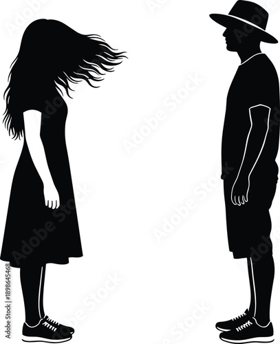 Man and woman facing each other silhouette illustration, emotional distance concept, relationship conflict, separation, contrast, isolated on white background