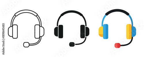 Collection of three different communication headset icons illustrating customer service and technical support concepts