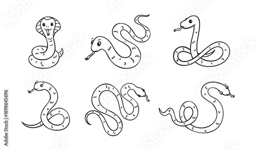 Hand drawn cute outline simple snake children coloring book set. Kind doodle snake smile isolated on white background.