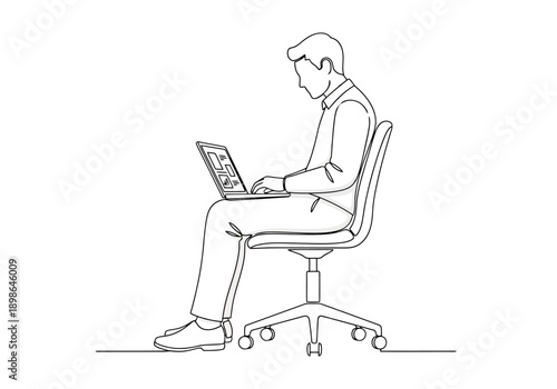 Man Sitting On Office Chair Working On Laptop Computer With One Line Drawing Style Isolated On White Background