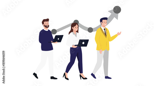 Diverse team walks forward with laptops, symbolizing growth and progress against a rising graph.