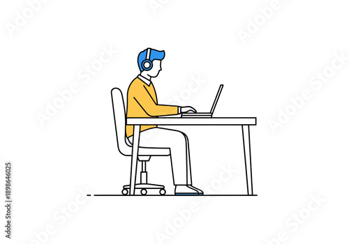 Person wearing headphones sitting at a desk and typing on a laptop computer working from home office setup or studying online using technology