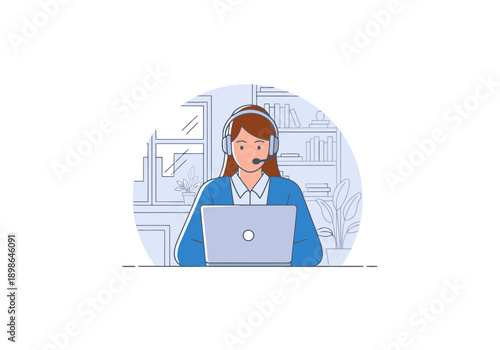 Customer service agent wearing headset sits at desk with laptop and files in background providing support and assistance for business operations