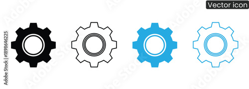 Set of gear icons representing settings and configuration in different styles and colors