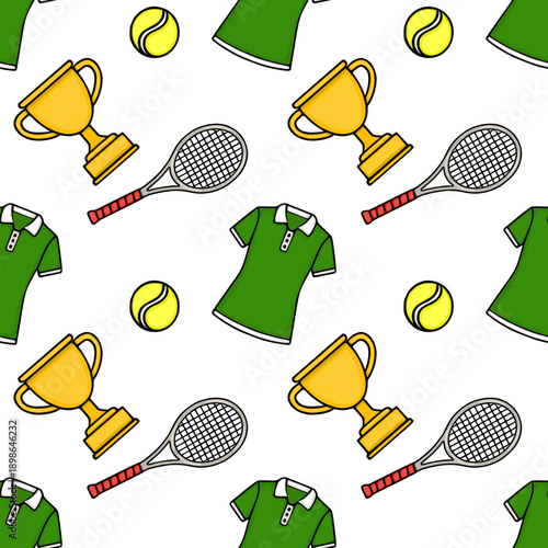 Seamless vector pattern of tennis equipment, trophies, and green polo shirts