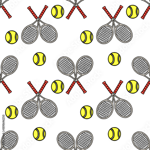 Seamless vector pattern of tennis rackets and balls, playful sport background