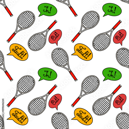 Seamless vector pattern of tennis racquets and speech bubbles with "In!" and "Fault!" text