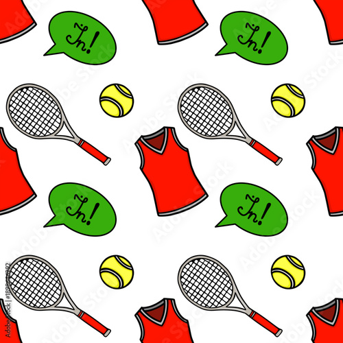 Seamless vector pattern of tennis rackets, balls, red sports jerseys, and speech bubbles with "In!" text.