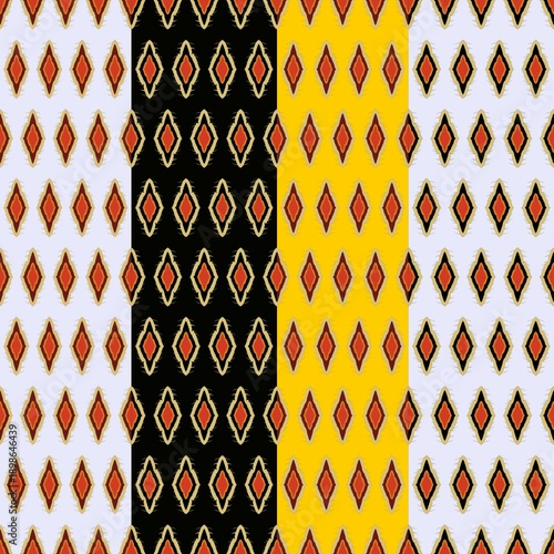 Seamless geometric diamond pattern in black, yellow, grey, and orange tones. Tribal inspired textile design ideal for fabric, wallpaper, and digital background use.