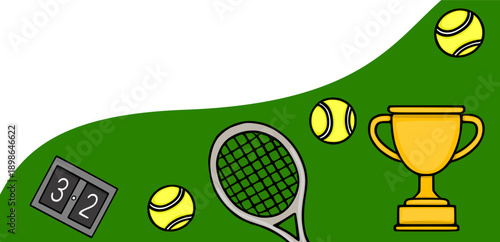 Vibrant tennis banner vector with trophy, balls, racket, and scoreboard