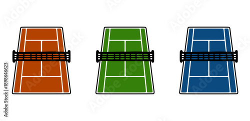 Set of three isolated tennis court vector illustrations in clay, grass, and hard court colors