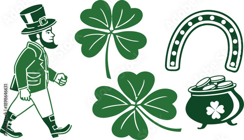 St. Patricks Day design elements set.
Leprechaun holding beer glass and pot of gold coins. SVG Shamrock Bundle. Vector