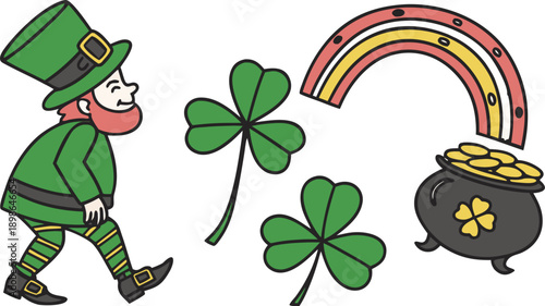 St. Patricks Day design elements set.
Leprechaun holding beer glass and pot of gold coins. SVG Shamrock Bundle. Vector