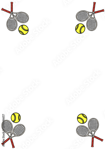 A playful vector poster design featuring crossed tennis rackets and bright yellow balls in four corners on a white background.