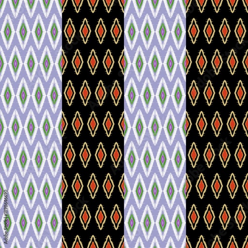 Seamless ikat-inspired geometric pattern featuring purple, green, grey, and black tones. Modern ethnic textile suitable for fashion, fabric, and interior decor.