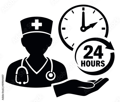 Stylized medical icon set featuring a doctor, clock, and 24 hours symbol for healthcare availability