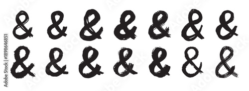 Ampersand bold letter mark ink brush grunge style set. Ampersand punctuation mark for lettering, social media, logo. Hand drawn icons isolated on white background