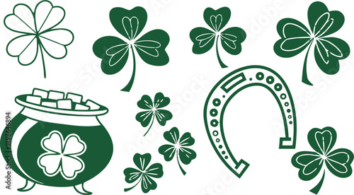 St. Patricks Day design elements set.
Leprechaun holding beer glass and pot of gold coins. SVG Shamrock Bundle. Vector