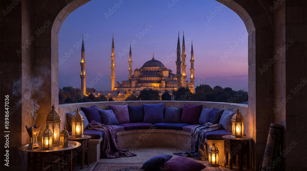 Fototapeta premium Cozy Balcony Seating with Blue Mosque View at Twilight, Ramadan Lanterns, Cushions, Blank Space for Text - Serene Islamic Architecture Photography