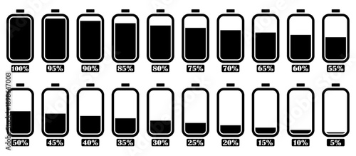 Battery charge level icons set showing empty, low, medium, and full power states. Ideal for mobile apps, user interface, battery indicator, charging status, energy level, and power display systems.