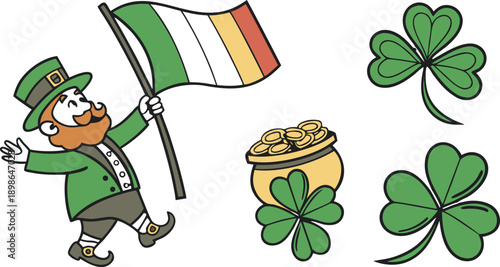 St. Patricks Day design elements set.
Leprechaun holding beer glass and pot of gold coins. SVG Shamrock Bundle. Vector