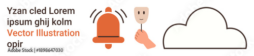 Alerts, notifications, identity, security, privacy, cloud services. An illustrated bell, a mask and a cloud. Alerts and notifications are crucial for identity and security management