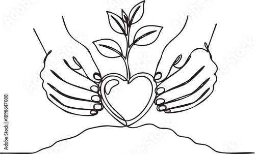 Hands cradling a heart-shaped plant with leaves in a nurturing gesture