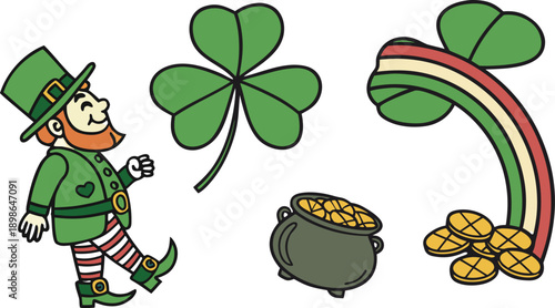 St. Patricks Day design elements set.
Leprechaun holding beer glass and pot of gold coins. SVG Shamrock Bundle. Vector
