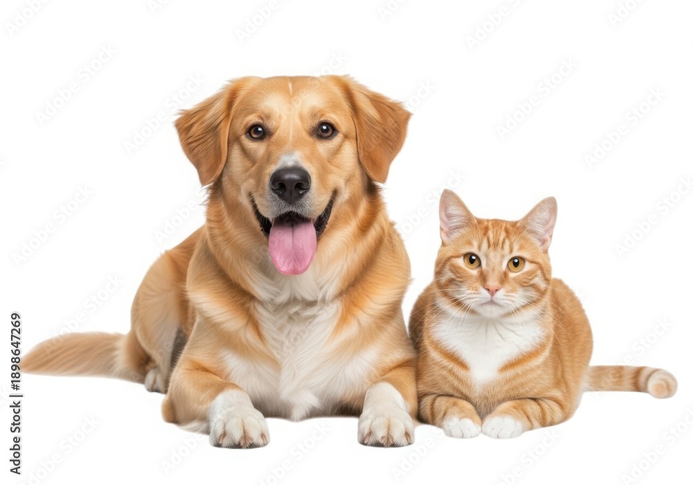 Fototapeta premium A happy golden retriever dog and orange tabby cat lying together on white background